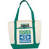 A green and cream tote bag with a front pocket and a logo. Features two long green handles for carrying.