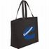 A black non-woven shopper tote bag with long handles and a large logo on the front.