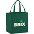 A green non-woven tote bag featuring two handles and a logo on the front.