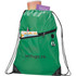 A green drawstring sportspack with a front pocket, featuring a logo, holding a drink bottle and various items.