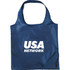 A navy tote bag with a single shoulder strap and a branding logo. The bag is foldable for easy storage.