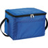 A blue cooler bag with a zippered closure and a side handle, featuring a front pocket and a branding logo.
