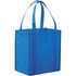 A blue non-woven grocery tote with long handles and a sturdy design, featuring a visible logo.