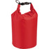 A red waterproof outdoor bag with a top closure and a clip. It has a smooth, durable surface and a branding logo.