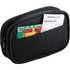 A black travel kit featuring a zippered compartment and a front pocket for cards and boarding passes.