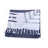 A Turkish beach towel featuring navy and white stripes, with fringed edges and a soft texture.