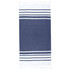 A navy blue and white Turkish beach towel with striped patterns and tasselled edges. It features a logo.