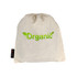 A natural fabric drawstring bag in cream colour featuring the word "Organic" in green lettering with leaf designs.