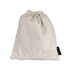 A cream-coloured drawstring bag made of fabric, featuring a small branding label on the side.