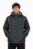 A black men's jacket featuring a hood and reflective stripes, designed for outdoor use. It has a logo on the chest.
