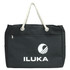 A black waterproof beach bag with a rope handle and a zip pocket, featuring a logo on the front.