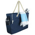 A navy waterproof beach bag with a rope handle, featuring a drink bottle and a towel tucked in.