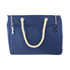 Navy waterproof beach bag with a rope handle and silver clasps, featuring two external pockets.