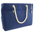 A navy waterproof beach bag with rope handles and zippered pockets. Features branding.