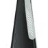 A black fan with a silver side accent, featuring a sleek, conical design. It includes a logo on the surface.
