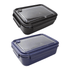 A reusable lunch container in black and navy blue, featuring a secure lid and a logo. Ideal for meals on the go.