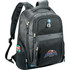 A black laptop backpack with padded straps, multiple compartments, and a logo. Features a mesh fabric design and blue accents.