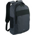 A grey laptop backpack with adjustable straps and multiple compartments, featuring a logo on the front.