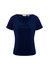 A navy blue women's top with a cowl neckline and short sleeves, featuring a logo.
