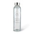 A drink bottle featuring a clear glass design with a silver metal cap and a logo.