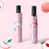 A pink umbrella with a peach design, displayed both open and in its case, featuring a black handle and branding.