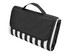 A black and white striped picnic rug with a handle, designed for outdoor leisure activities.