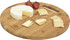 A round bamboo cheese board featuring a wedge of Brie, crackers, and strawberries, with a branded logo.