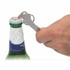 A drink bottle opener in silver is being used to open a bottle, with a keyring attached.