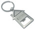 A drink bottle opener keyring shaped like a house, featuring a silver metallic finish and a logo.