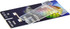 A transparent phone stand on a colourful backing card, featuring a logo.
