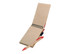 A notepad with a natural brown cover and red accents, accompanied by a wooden pen. It has spiral binding and lined pages.