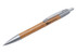 A bamboo pen with silver accents and a branding logo, designed for writing.