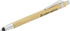 A bamboo pen with a silver clip and tip, featuring a logo on the barrel.