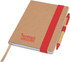 A brown notepad with a red elastic band and a matching pen resting beside it. It features a logo on the cover.