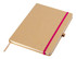 A beige A5 notebook with a magenta elastic band and a ribbon marker, featuring a simple design.