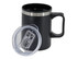A black double wall travel mug with a silver band and a clear lid. It features a sturdy handle.