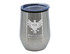 A stainless steel travel mug with a clear lid and a logo on the front. It features a sleek, modern design.