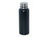 A drink bottle made of stainless steel features a sleek black body and a silver lid. It includes a logo.