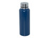 A drink bottle in navy blue with a stainless steel cap and a sleek design, featuring a logo on the surface.