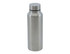 A drink bottle made of stainless steel, featuring a sleek silver finish and a round, flat cap.