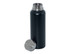 A drink bottle in matte black stainless steel with a silver metal lid, featuring a sleek design and a logo.