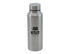 A drink bottle made of stainless steel, featuring a sleek silver finish and a logo.