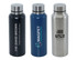 A drink bottle collection featuring a black, a navy blue, and a stainless steel option, each with a logo.