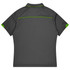 A grey polo shirt with green accents and a logo on the back, designed for sports uniforms.