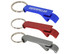 A drink bottle opener keyring set in blue, red, and grey, featuring a branding logo.