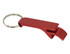 A drink bottle keyring in shiny red with a metal keyring attachment and a bottle opener feature.