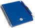 A blue notepad with a spiral binding and a matching pen, featuring a logo on the cover.