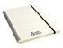 A spiral-bound A4 notebook with a white cover and black elastic band, featuring a logo on the front.