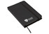 A black notebook with an elastic band closure and a logo on the cover. It features a ribbon marker inside.