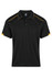 A black polo shirt with yellow accents and a logo on the chest area. Short sleeves and a classic collar design.